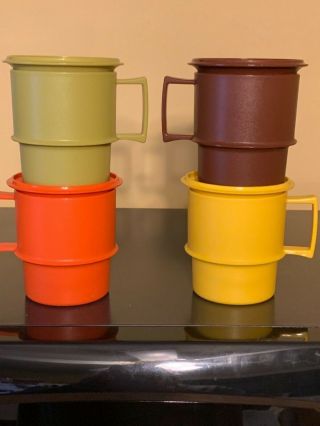 4 Vintage Tupperware Stacking Coffee Cup Mug 1312 Orange Green Brown Gold W/lids