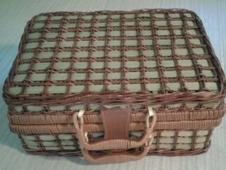 Vintage Wicker Picnic Basket With White,  Plastic Plates Cups Tan Cloth Napkins