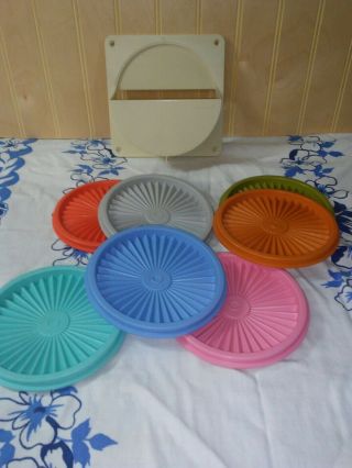 Vtg Tupperware 1644 Lid Rack Holder Wall Mount Space Saver With 7 Lids