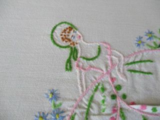Vintage Tablecloth Hand Embroidered Crinoline Ladies & Flowers