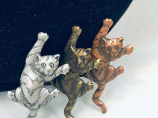 Vtg.  Jj Jonette Set Of 3 Rose Gold,  Pewter,  & Gold Tone Kitty Cat Pins