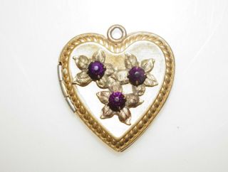 Vintage 40s Signed 1/20 10k Gold Filled Purple Rhinestone Heart Locket Pendant