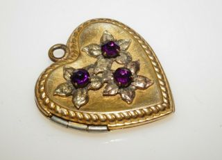 Vintage 40s Signed 1/20 10k Gold Filled Purple Rhinestone Heart Locket Pendant 2