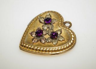 Vintage 40s Signed 1/20 10k Gold Filled Purple Rhinestone Heart Locket Pendant 3