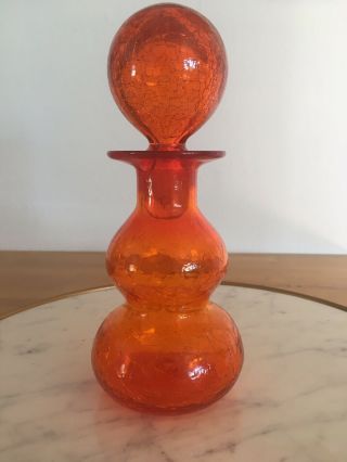Vintage Blenko 8” Crackle Glass Decanter Orange 1960’s