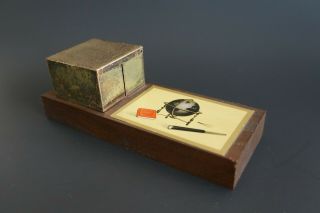 Vintage Desk Decor Mid Century Modern Stamp Box Wood Brass Gift