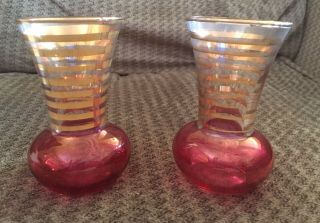 Vintage Set Of 2 Glass Small Vase Goblet Cup Gold Trimmed Pink Colored 3.  75”