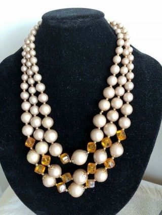 Vintage 1960s Necklace Plastic Creamy Pearl And Gold Beads Three String