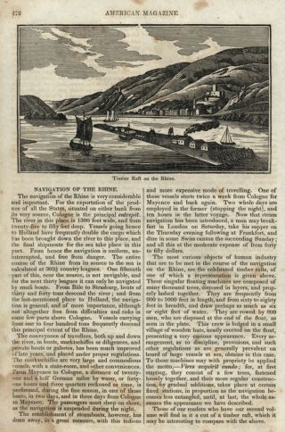 1837 Antique Woodcut Print - " Timber Raft On The Rhine " W/ Article - Navigation