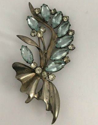 Large Vintage Sterling Silver Blue And Clear Rhinestone Pin Brooch 3.  5 " Tall 925