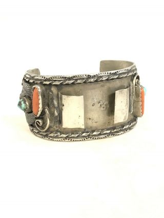 Vintage Harley Davidson Nickel Silver Turquoise & Coral Watch Cuff Bracelet.  Jr