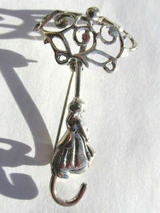 Vintage 925 Sterling Silver Pin Brooch Young Girl With Umbrella Women 