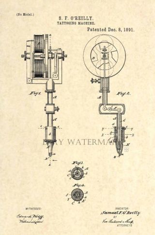 Official Tattoo Machine Us Patent Art Print - Gun Antique Vintage O 