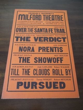Vintage Milford Theatre Pa Lobby Card/sign Till The Clouds Roll By Judy Garland
