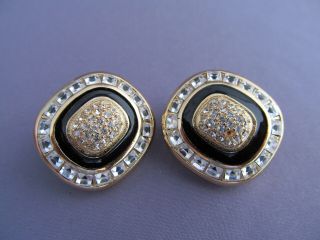 Vintage Christian Dior Gold Tone Rhinestone Cushion Black Enamel Earrings