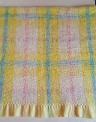 60s Vintage Beacon Plaid Baby Blanket Yellow Blue Pink Pastel Stripes Wpl 1675