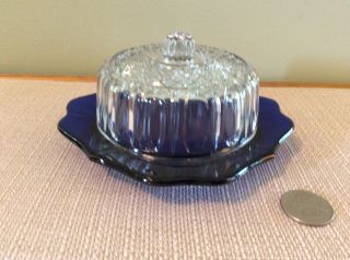 Vintage Cobalt & Clear Covered Butter/cheese Dish,  Unmarked