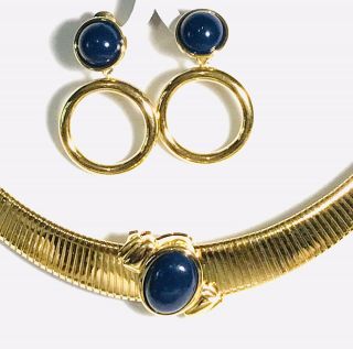 Vintage Monet Sapphire Cabochon Necklace & Earring Demi Set