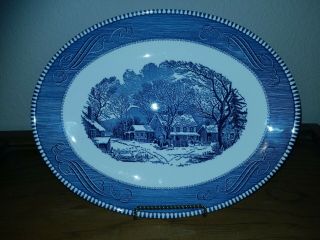 Vintage Royal China Currier And Ives Oval Platter Blue 13 " Old Inn In Winter