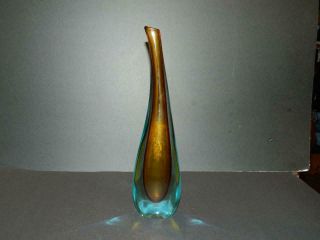 Murano Cased Glass Vase Amber In Aqua Blue Vintage