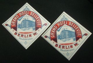 2 Vintage / Antique Luggage Labels - Grand Hotel Bellevue Berlin W