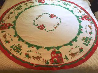 Round Vintage Holiday Tablecloth,  Christmas Decor Horse Sleighs,  Made In Brazil.