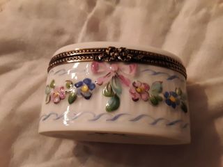 vintage limoges france trinket box egg shape basket,  ribbon and flower print 3