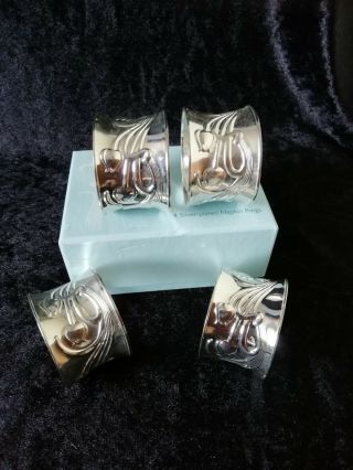 Vintage Past Times Art Nouveau Style Dining 4 Silver Plated Napkin Rings Boxed