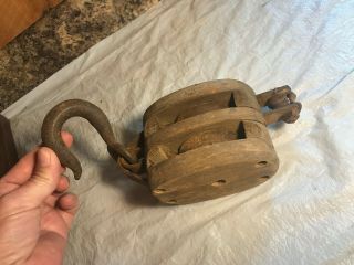 Vintage Double Wheel Wood Block And Tackle Farm Pulley