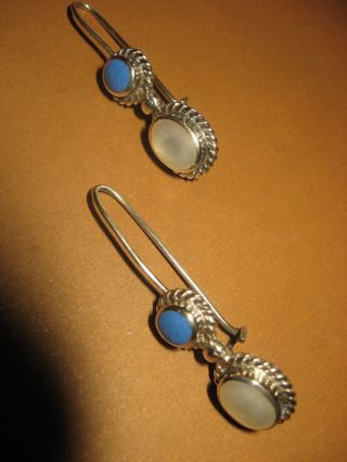 Vtg Lg Turquoise Lapis Mother Of Pearl Sterling Silver Earrings Navajo 925 1980