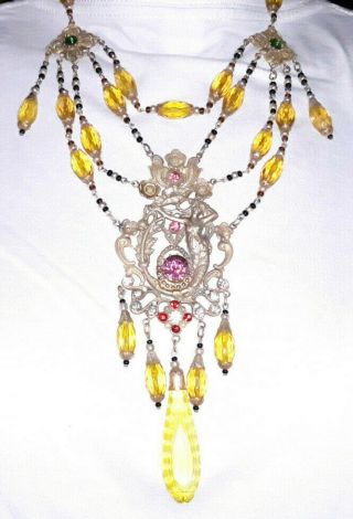 Vintage Czech Beaded Necklace With Art Nouveau Lady Pendant