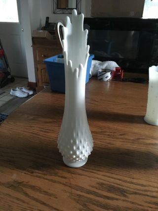 Vintage Fenton White Milk Glass Hobnail Swung Vase Measuring 13 Inches Tall.