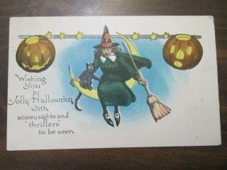 Jolly Halloween Postcard Vintage Circa 1923 Witch,  Cat,  Jack O 