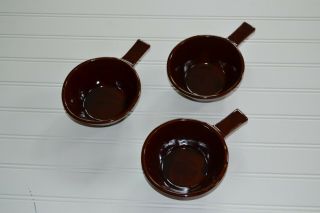 Vintage 3 Brown Marcrest Daisy Dot Pottery Handled Soup Bowls