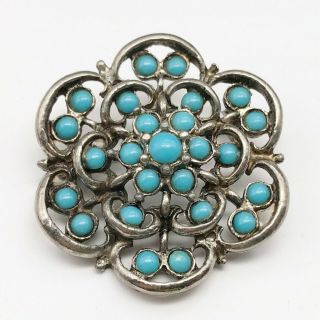 Vintage Silver White Metal Turquoise Set Cluster Early Art Deco Ladies Brooch