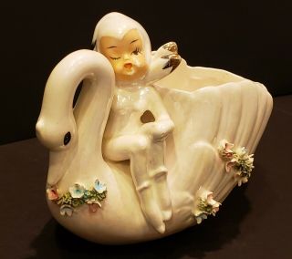 Vintage Lefton Ceramic Swan & Pixie/elf Planter Figurine Gold Trim Iridescent