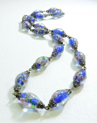 Vintage Blue With Pink Roses Lampwork Art Glass Bead Necklace Au19153