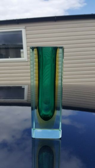 Vintage Murano Sommerso Green With Amber/copper Art Glass Block Vase,  13 Cm Tall