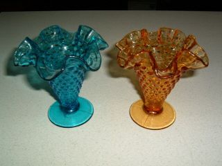 2 Vintage Fenton Small Hobnail 4 " Ruffled Trumpet Vases Amber & Blue Marked