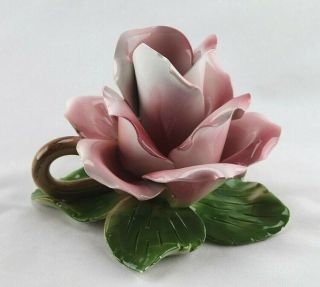 Vintage Large Pink Rose Porcelain Capodimonte Italy Taper Candle Holder 5.  5 " X4 "