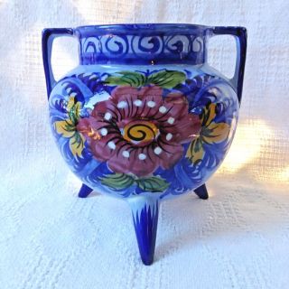 Vintage Faireal Alcobaca 3 Footed Vase From Portugal 170 Hand Painted 7 " Tall