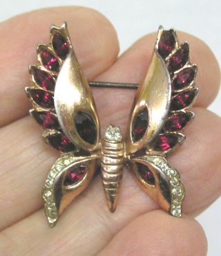 Vtg Jewelry Corocraft Sterling Silver Butterfly Brooch Pin Red Rhinestones Gold