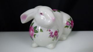 Vintage Andrea by Sadek Bunny Rabbit Figurine Porcelain Ceramic White PInk Roses 4