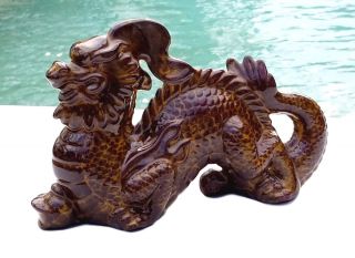 Vintage Brown Glazed Ceramic Dragon Figurine - Hollow Core - Signed " Bw "