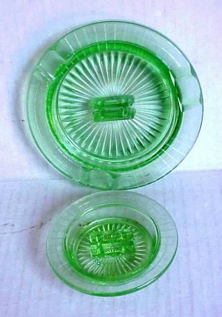 (pair) Vintage Hazel Atlas Green Depression Glass Ashtrays W/ Match Holders