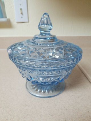 Vintage Anchor Hocking Iced Blue Wexford Pedestal Footed Covered Candy Dish