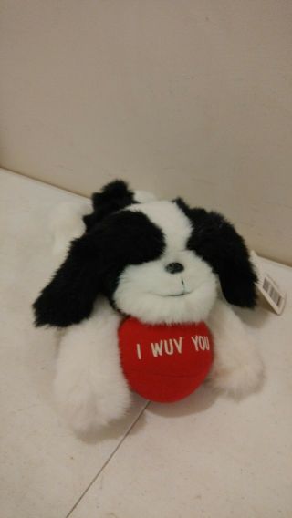 Vintage Russ Caress Soft Pets Dog Puppy White & Black I Wuv You 12 " Long W Tag