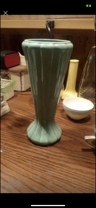 Vintage American Bisque Art Deco Jade Green Vertical Ribbed Lines 9.  25 " Tall