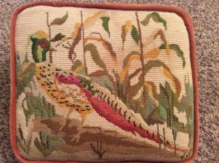 Vintage Needlepoint Pheasant Pillow In Rust & Browns