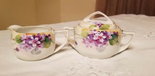 Nippon Vintage Creamer Sugar Bowl Hand Painted Violets